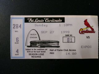 Mark Mcgwire St Louis Cardinals 69 & 70 Season Hr Ticket Stub September 27 1998