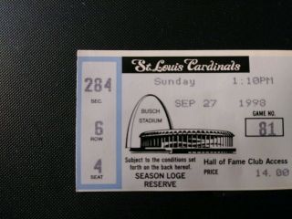 Mark McGwire St Louis Cardinals 69 & 70 Season HR Ticket Stub September 27 1998 2
