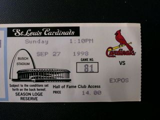 Mark McGwire St Louis Cardinals 69 & 70 Season HR Ticket Stub September 27 1998 3