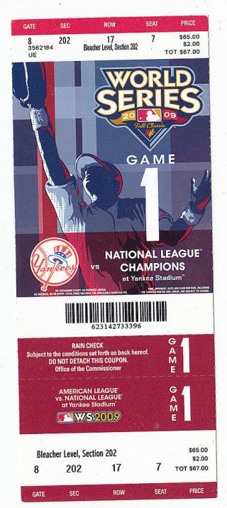 2009 Ny Yankees Vs Phillies World Series Game 1 Ticket Stub Cliff Lee Win