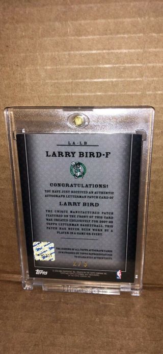 2008 Topps Larry Bird Letterman Jersey auto Patch Basketball Card 2/3 Letter D 3