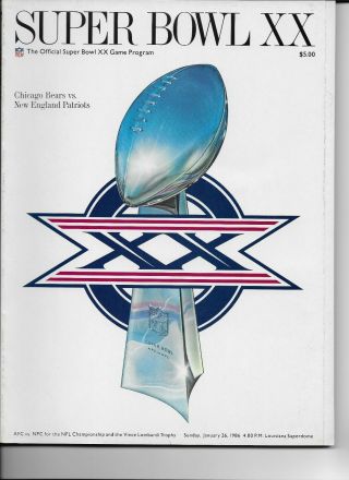 1986 Bowl Xx Program Chicago Bears Vs England Patriots