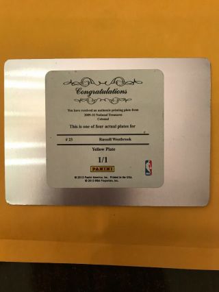 Russell Westbrook 2009 - 10 National Treasures Colossal Yellow Printing Plate 1/1
