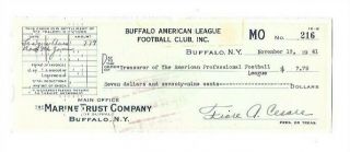 1941 Buffalo Tigers Football Check - American Football League Afl - League Dues