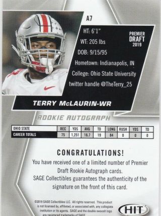 Terry McLaurin Redskins Ohio State Buckeyes 2019 SAGE HIT Gold A7 AUTO RC /100 2