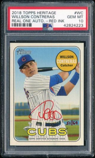 Willson Contreras 2018 Topps Heritage Real - One Auto Red Ink 51/69 Psa 10