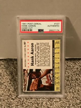 1961 Post Cereal 107 - Hank Aaron - Psa Authentic - Hand Cut / Braves