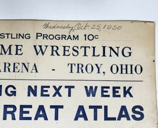 Vintage Big Time Wrestling Program 1950 Hobart Arena Troy Ohio NWA 4