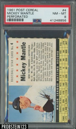 1961 Post Cereal 4 Mickey Mantle Yankees Perforated Psa 8 Nm - Mt