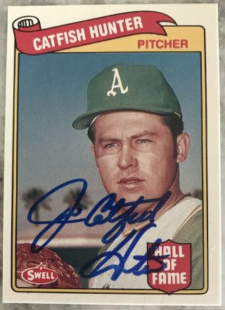 Catfish Hunter Signed 1989 Swell Baseball Greats Card.  A’s,  Yankees