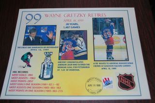 Wayne Gretzky Retires Commemorative Sheet April 18,  1999 Usps Stamped