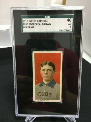 1910 Sweet Caporal T206 Mordecai Brown Portrait Chicago Cubs Sgc Vg 3