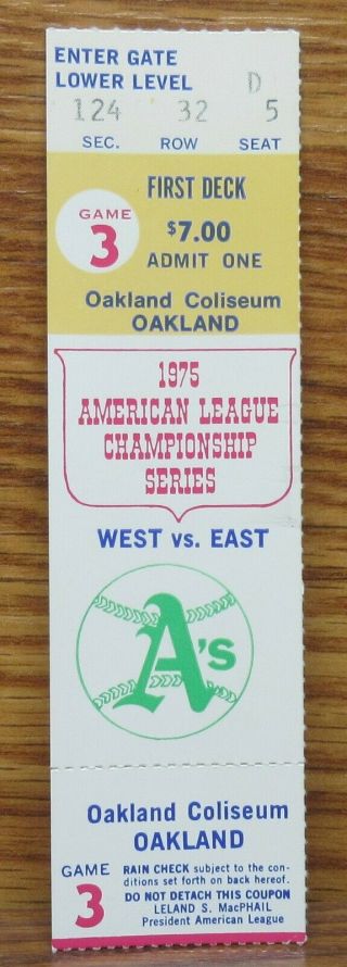 1975 Alcs Game 3 Ticket Stub Oakland A 