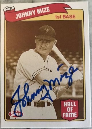 Johnny Mize Signed 1989 Swell Baseball Greats Card.  Hofer