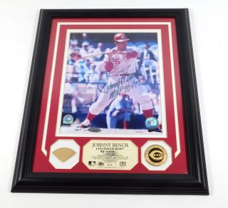 Johnny Bench Signed 8 X 10 Color Photo Bat Coin Framed Matted Highland Auto