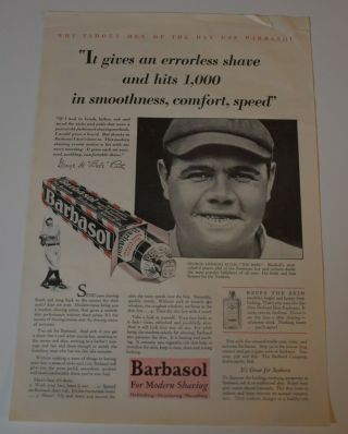 1929 Babe Ruth Barbasol Shaving Cream Ad 8 X 11 1/2