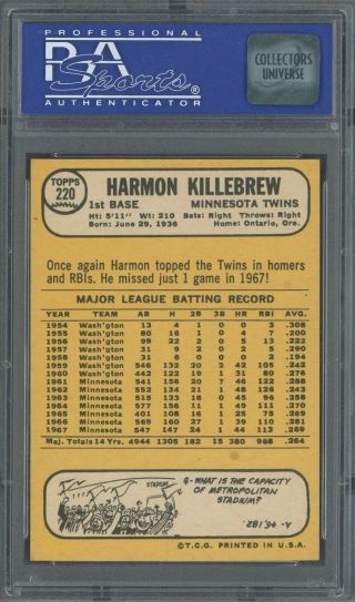 1968 Topps 220 Harmon Killebrew Minnesota Twins HOF PSA 9 