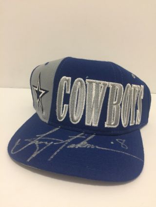 90’s Vintage Troy Aikman Autographed Dallas Cowboys Spellout Nfl Snapback Hat