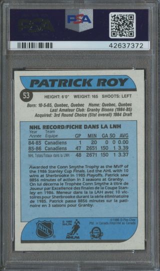 1986 O - Pee - Chee OPC 53 Patrick Roy Canadiens RC Rookie HOF PSA 9 2