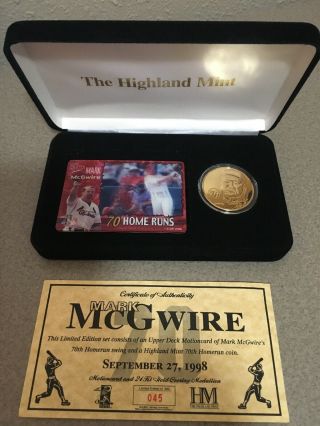 Highland Mark Mcgwire 70th Hr 24 Kt.  Gold Coin And Motion Card Set /500