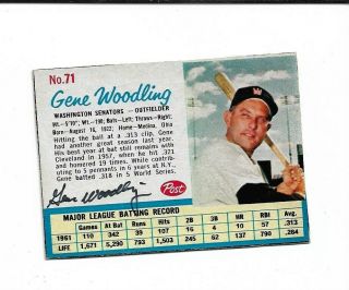 Gene Woodling Autographed 1962 Post Cereal Card (d.  2001)