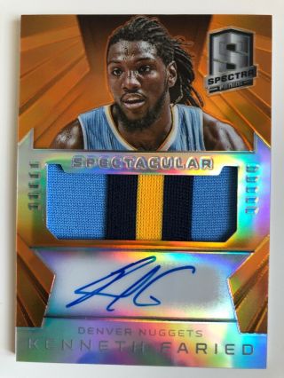 14 - 15 Spectra Spectacular Kenneth Faried Patch Auto Card Orange Prizm 01/25