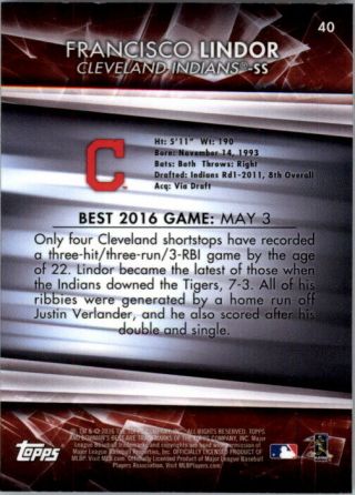 2016 Bowman ' s Best Atomic Refractors Baseball Card 40 Francisco Lindor 2