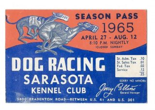 1965 Sarasota Kennel Club Dog Racing Track Season Pass; Florida