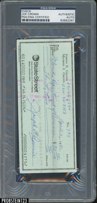 Joe Cronin Red Sox Hof Signed 4/10/1981 Check Auto Autograph Psa/dna