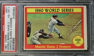 1961 Topps 307 Mickey Mantle Slams 2 Homers Game 2 1960 Ws Psa Vg - Ex 4