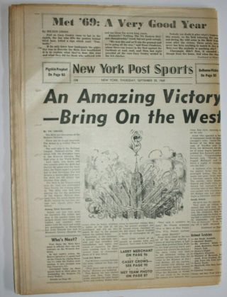 N Y Post,  Sept 25,  1969 - Mets East Champs - Bring On The West - Complete Paper