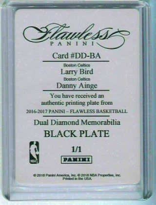 2017 - 18 Flawless Print Plate Black Larry Bird / Danny Ainge 1/1 Boston Celtics 2