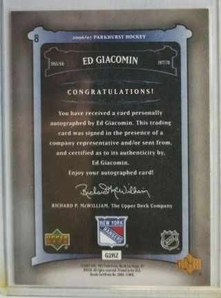 2006 - 07 ED GIACOMIN (NYR) Upper Deck Parkhurst Autographs 8 2