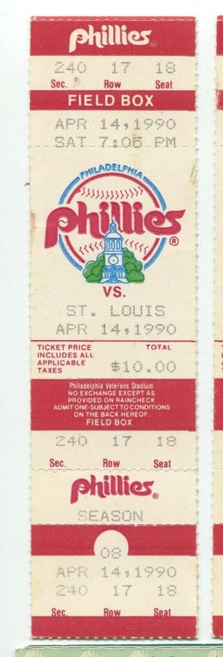 St Louis Cardinals @ Philadelphia Phillies April 14,  1990 Ticket