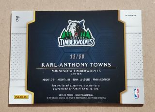 2015 - 16 Panini Select Karl - Anthony Towns Orange Prizm 5 Rookie Swatches /60 2