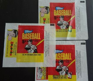 3 - 1965 Topps Baseball Wax Pack Wrappers 5 Cent,  Embossed,  Iron On & No Give Away