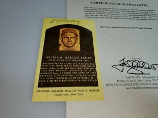 William Bill Terry Autographed Hof Postcard With Signed Card