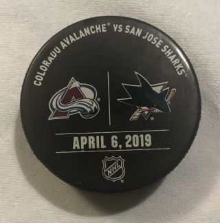 San Jose Sharks Colorado Avalanche Official Warm - Up Puck.  April 6,  2019