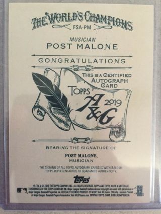 2019 Topps Allen & Ginter Post Malone Auto,  full size card,  Rare Autograph 2