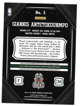 Giannis Antetokounmpo 2013 Pinnacle Rookie Card Pulled Str8 From A Pack BUCKS 2