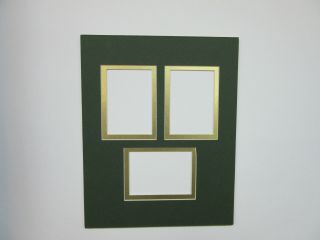 Picture Frame Mat 8x10 For Three Aceo Cards Rectangle Openings Forest Green Gold