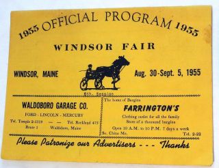 1955 Harness Horse Racing Program At Windsor Fair In Maine