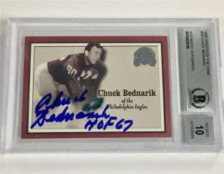 Chuck Bednarik " Hof 67 " Signed Greats Of The Game Eagles Card Bas Bgs 10 Auto