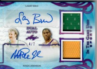 Larry Bird Magic Johnson 2019 Leaf In The Game Jersey 4/7 Auto Purple