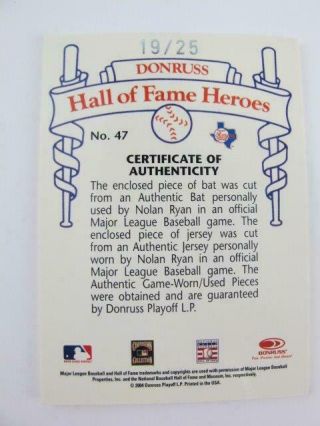 Donruss Hall of Fame Heroes 19 of 25 Nolan Ryan 47 Game Bat & Jersey Card 7