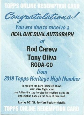 2019 Topps Heritage High Number Rod Carew/tony Oliva Real One Auto Redemption