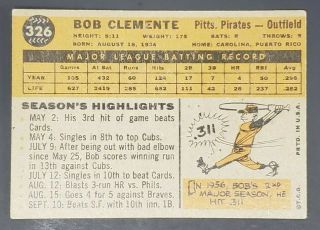 1960 TOPPS BASEBALL CARD BOB CLEMENTE 326 EX - EXMT RANGE BV $200 2