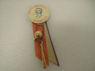 Vintage Pittsburgh Pirates Mascot 1.  75 " Pinback Pin With Ribbon Ball Bat Charm