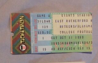 1980 Alabama Vs Rutgers College Football Ticket Stub 10/11/80