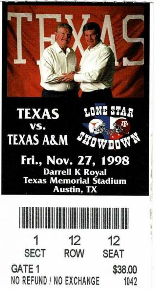 1998 Texas A&m Vs Texas College Football Ticket Ricky Williams Rushing Record